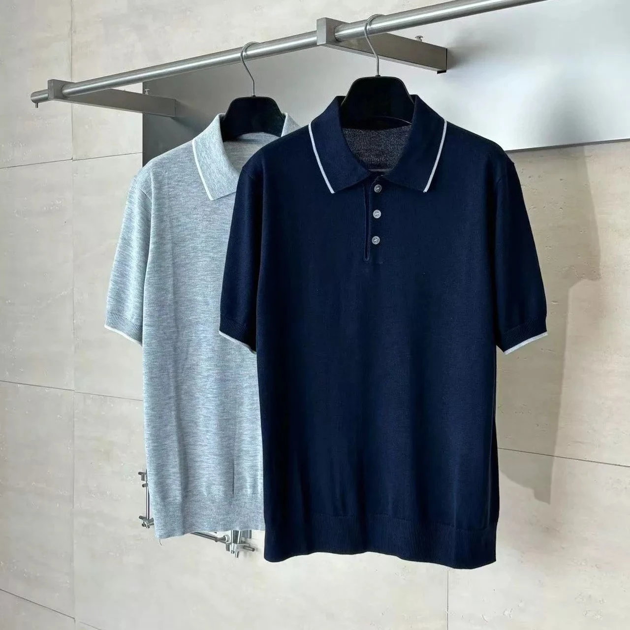 Italy BC old money style men's linen blend knitted sweater business lapel contrasting color short-sleeved POLO shirt
