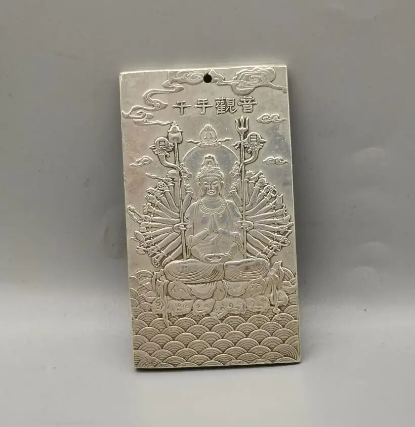 Exquisite Archaize seiko White copper Thousand-handed Guanyin amulet pendant statue