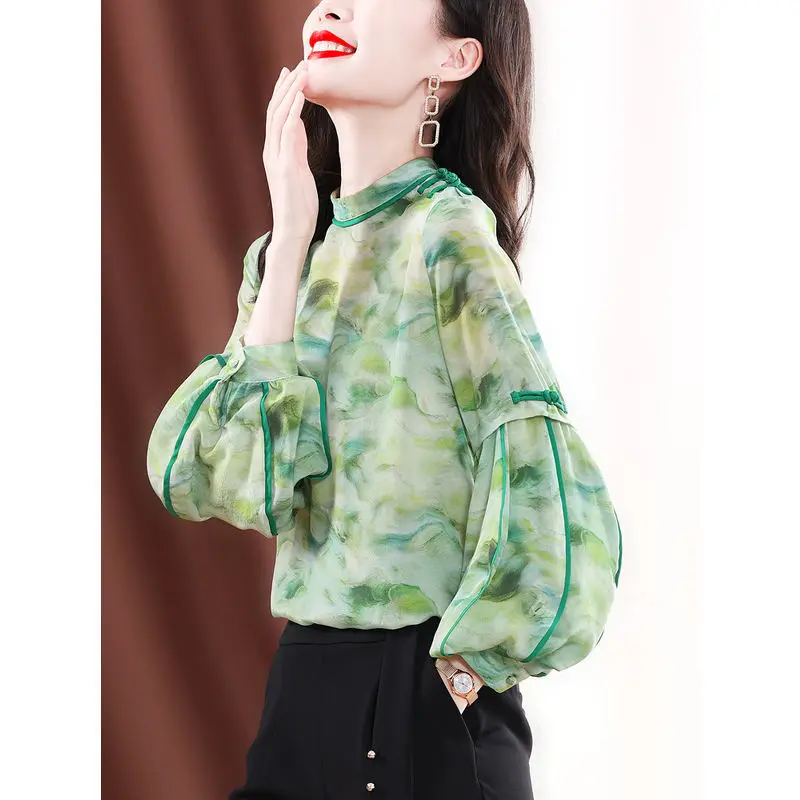 Women Summer Elegant Loose Fashion Printing O-neck Long Sleeve Shirts Women Clothes Casual All-match Appear Thin Patchwork Tops