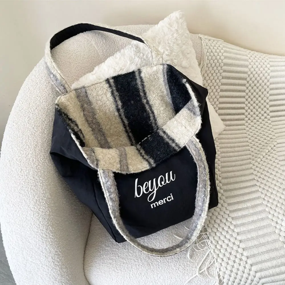 Casual Double-sided Tote Bag Striped Large Capacity Travel Shopping Bag Woolen Handbag