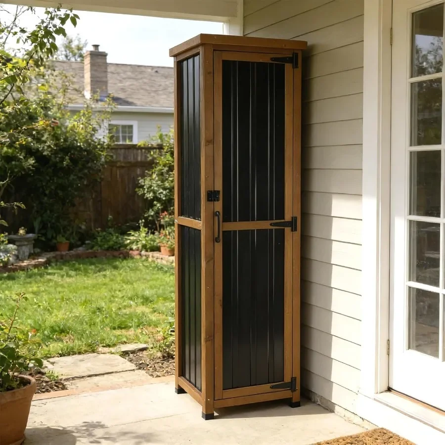 Outdoor Storage Cabinet for Garage, Patio, Backyard: Wood and Metal Construction, Gray Finish, Weatherproof Roof with 3 Removab