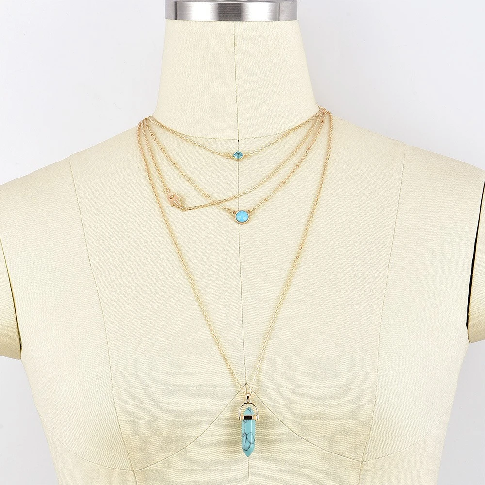 Bohemian Multi-Layer Natural Texture Turquoise Necklace Fashion Personalized Fresh Trendy Girl Crystal Column Pendant Jewelry