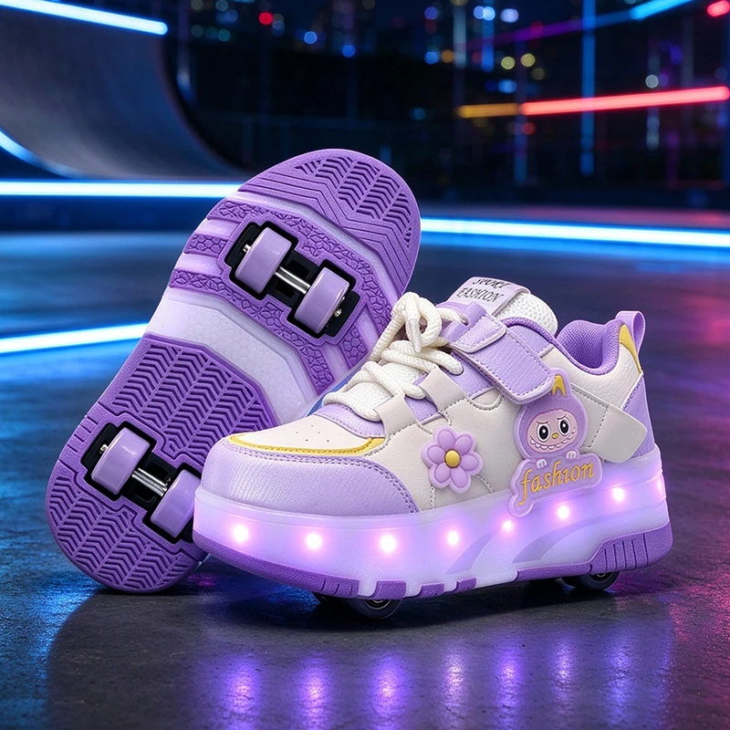 Children Four Wheels Luminous Glowing Sneakers Purple Pink Led Light Roller Skate Shoes Kids Led Shoes Boys Girls USB Charging