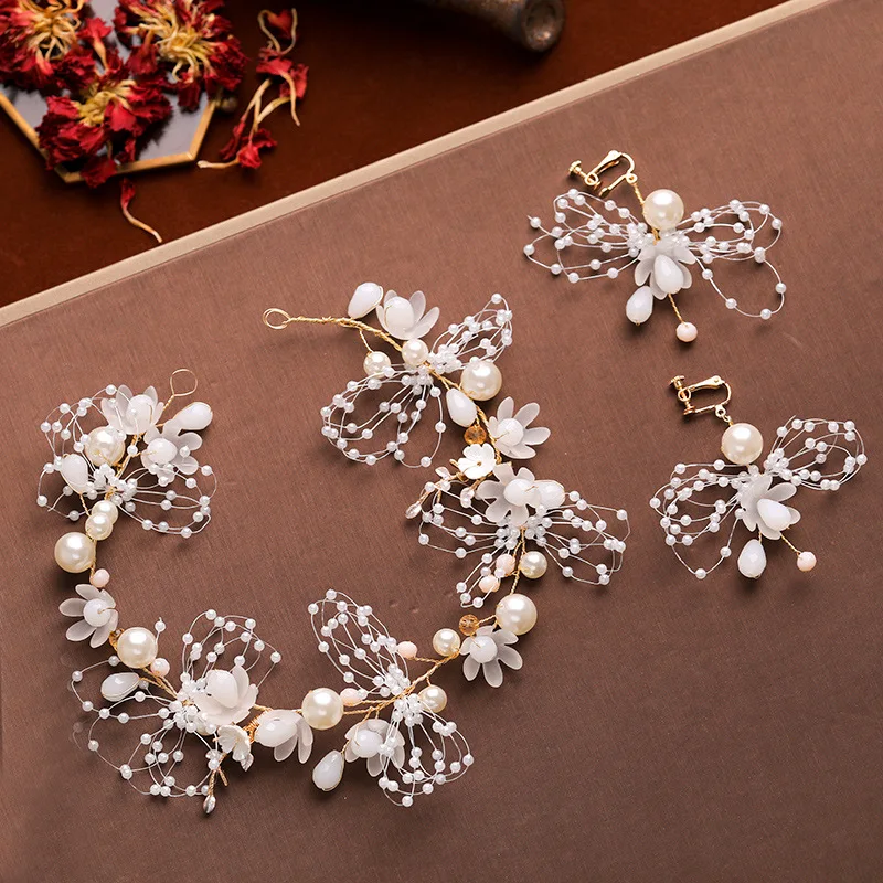 Pearl Flower Headband Earrings Set Handmade Beaded Headpieces Earclips Bridal Hair Vine Bridesmaids Wedding Hair Accessories