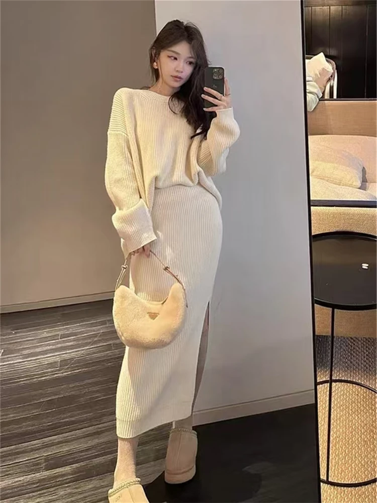 Women Sweater Winter 2 Piece Sets Elegnat Knitted Suits Female Sweaters Vintage Womens Skirt High Waist Autumn Vintage Vestidos