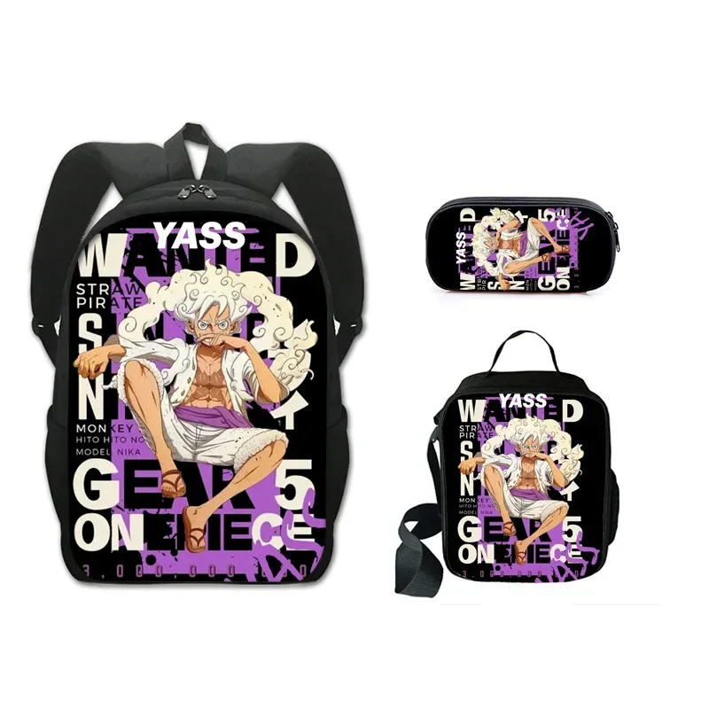 

New One Piece Luffy Gear5 Anime Student School Bag Pencil Bag Lunch Bag Backpack Three-piece Set