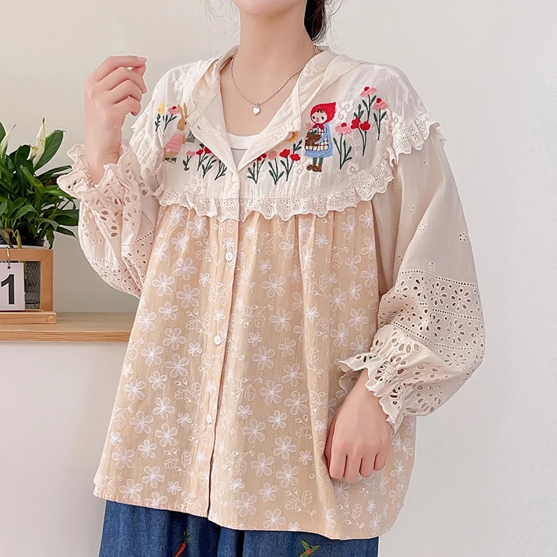 Japanese Mori Girl Vintage Polka Dot Cartoon Girl Flower Embroidery 100% Cotton Hooded Shirts Women Spring Long Sleeve Blouse