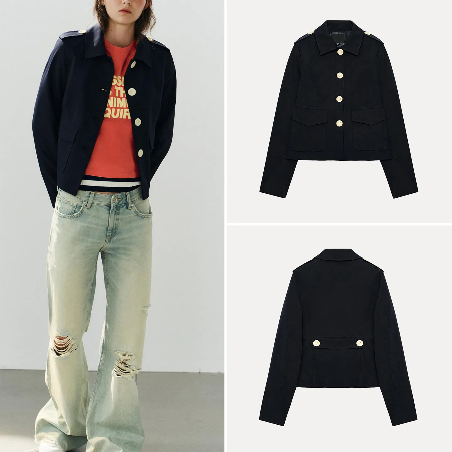 Women's Autumn 2026 New Style Long Sleeve Stand Collar Color Block Button Pocket Suit Jacket Standard Fit Short Outerwear