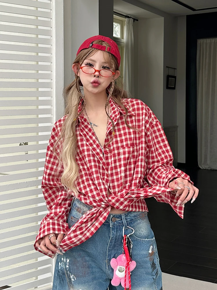 

Vintage Red Plaid Shirt Women Oversize Long Sleeve Casual American Blouse Loose Streetwear Retro Fall Female Hip Hop Tops New