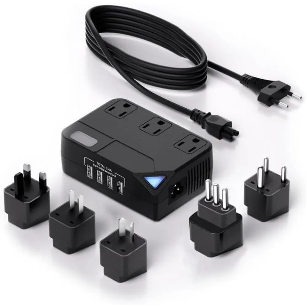 250W Converter Plug nternational Travel Converter with 4 USB Ports, Reduces 220V to 110V, Suitable for 100V-240V Areas