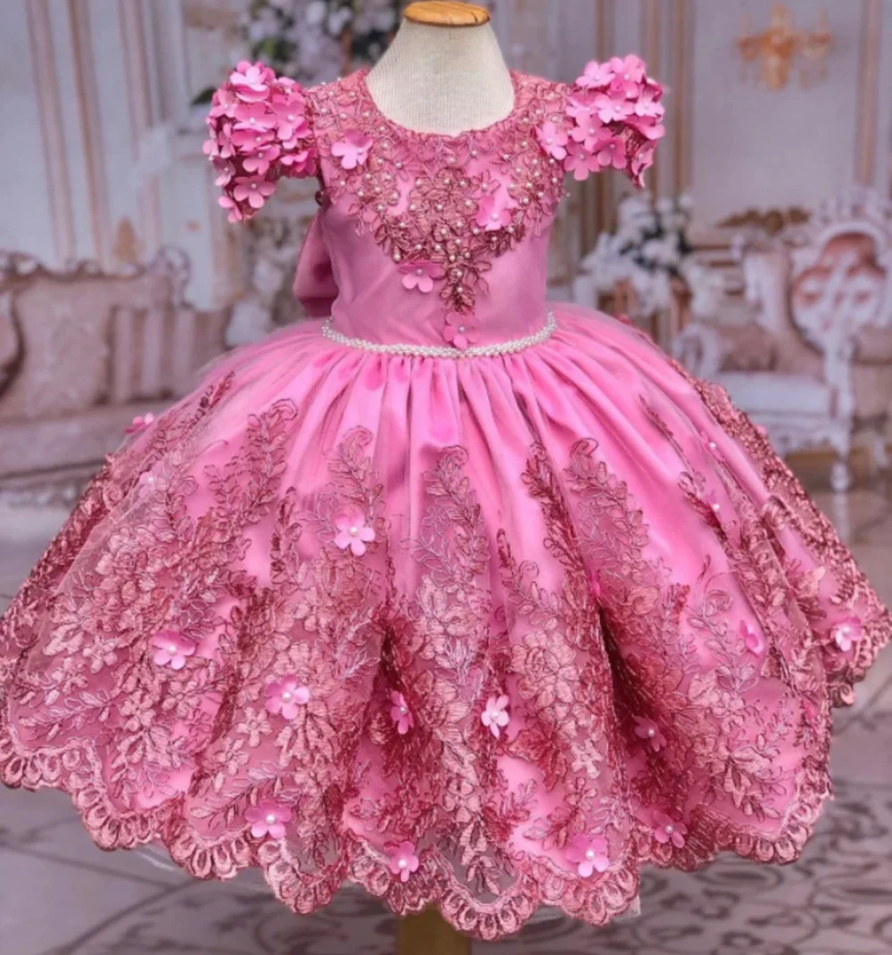 

Pink Ball Gown Flower Girl Dresse Beads Kids Birthday Pageant Gowns with Bow Children Toddler Baby Wedding Guest Dresses