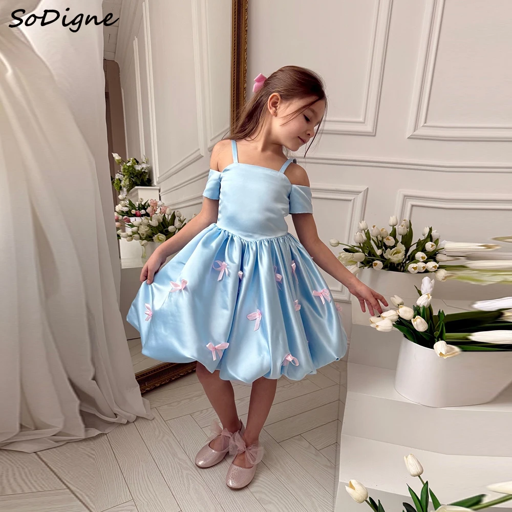 

SoDigne A-line Satin Arab Flower Girl Dress Square Collar Sleeveless Skirt Kid Gown Knee Length Birthday Party Dress Customized