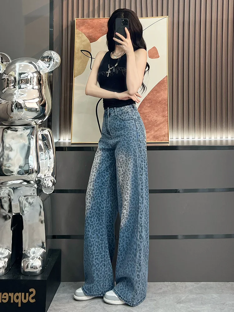Leopard printing wide leg jeans for women 2025 new summer style super popular loose high waist straight leg pants