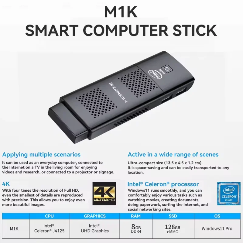 Chenxin M1K Intel J4125 Quad Core PDA 8GB DDR4 128G/256GB SSD Windows 11 USB3.0 BT4.2 WIFI5 HDMI2.0 4K 60Hz HD Display PC Stick