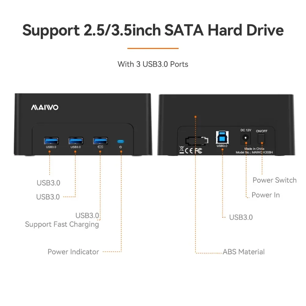 MAIWO 2,5"/3,5" SATA HDD/SSD Stacja dokująca USB do SATA z 2 portami USB 3.0 1 port szybkiego ładowania Obudowa dysku twardego