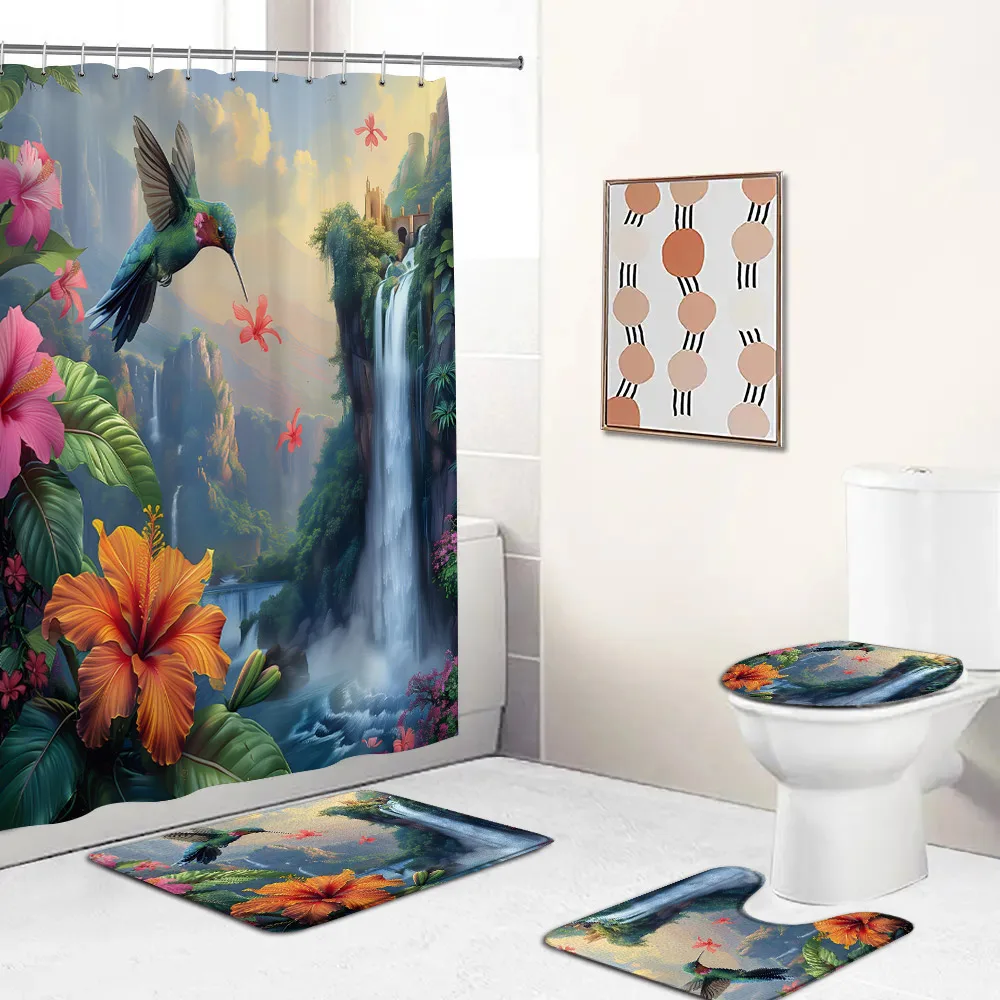 Hummingbird Shower Curtain Set Bird Flower Floral Plant Classical Bathroom Decor Spring Bath Mat Home Carpet Toilet Lid Cover