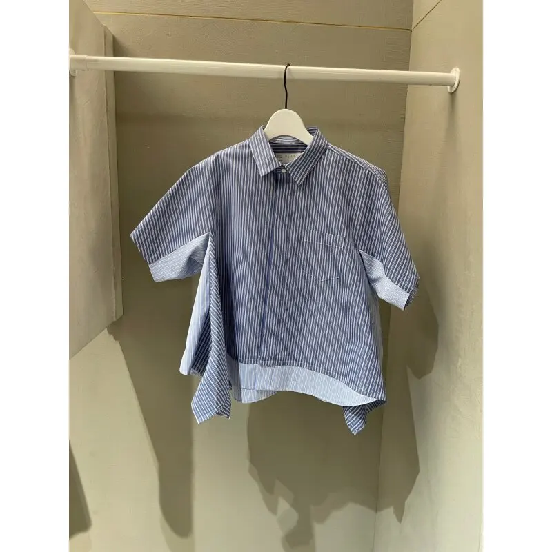 SAC Japanese summer striped stitching loose irregular hem short-sleeved shirt