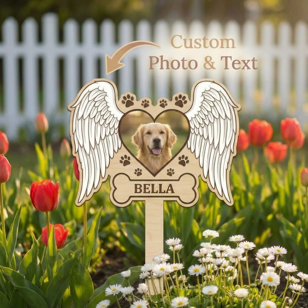 Custom Photo & Name Pet Heart Wings Memorial Stake,Wooden Paw Print Tombstone,Outdoor Yard Memorial Plaque,Mourners,Gift Buyers