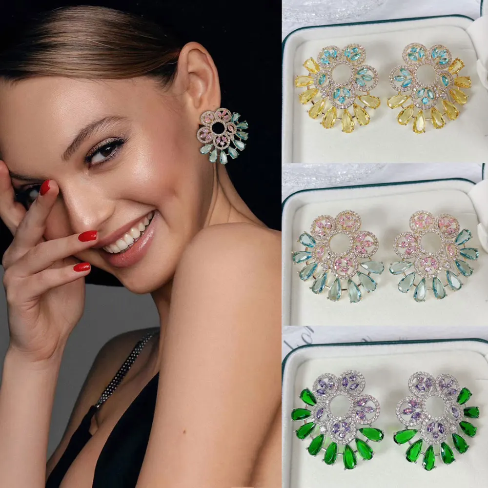 

Missvikki New Trendy Round Shiny Stud Green Clear CZ Earrings for Women Lady Anniversary Gift Jewelry Wholesale Valentine's Day