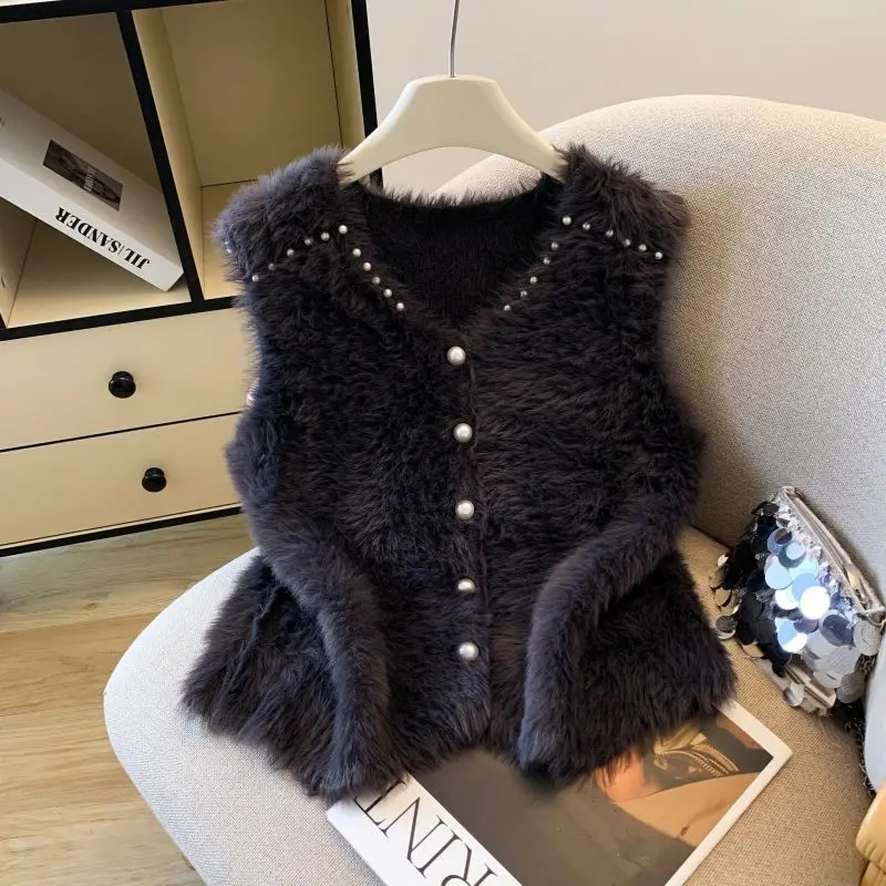 Womens Faux Mink Fur Vest Jacket Soft Fluffy Plush V-neck Sleeveless Fashion Coat Korean Pearl Buttons Tops Loose Warm Waistcoat