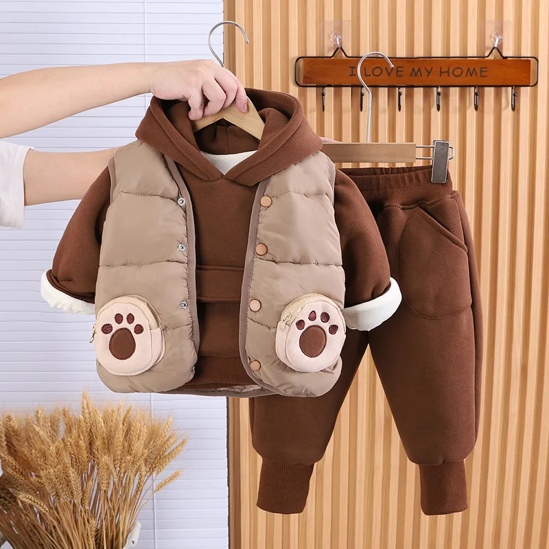 Children's fleece long-sleeved suit 2024 Winter plus fleece thickened two-piece Baby hooded Sweatshirt trousers Cotton Coat Suit