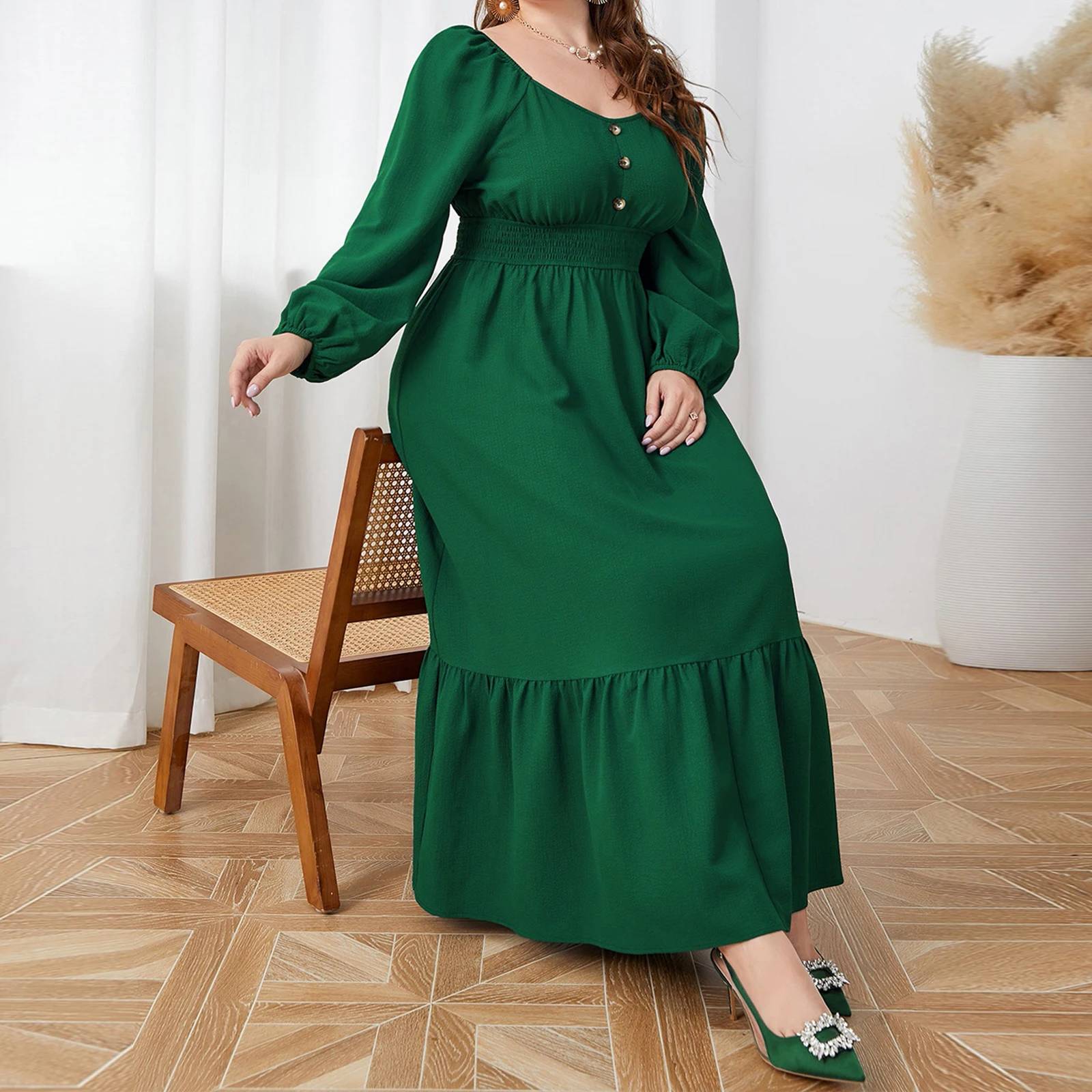 2025 Vroege herfst dames midi-jurk met V-hals, lange mouwen, effen kleur, knoopsluiting aan de voorkant, grote maten, vloeiende jurken