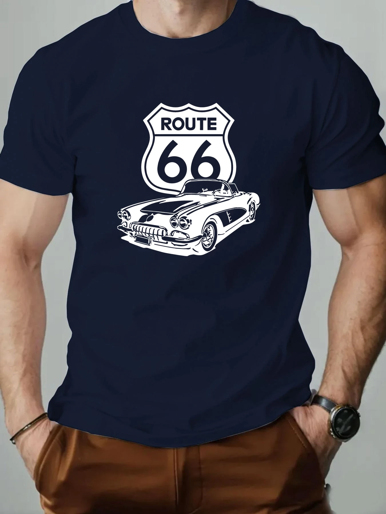 Summer Men's 100% Cotton Casual Loose Retro Route 66 Classic Car Pattern Comfortable Sports Round Neck Short Sleeved T-Shirt Top