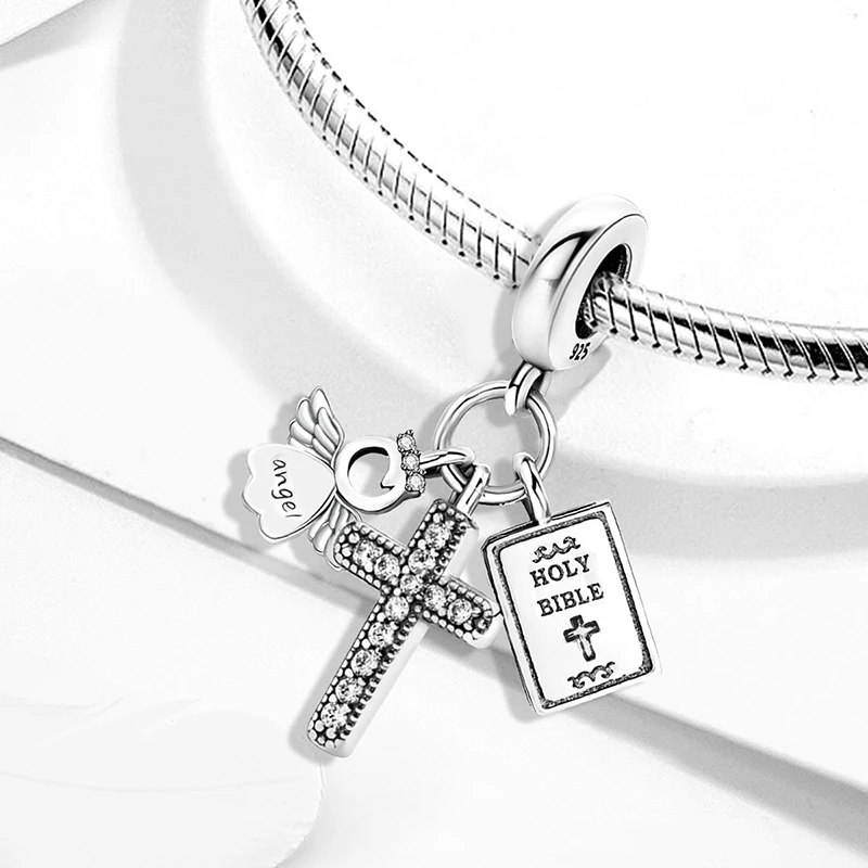 Pendentif Croix Et Ange En Argent 925 | Chaine Rolo 18 Pouces (45 Cm) | Talisman Amulette | Neuf Sans Emballage