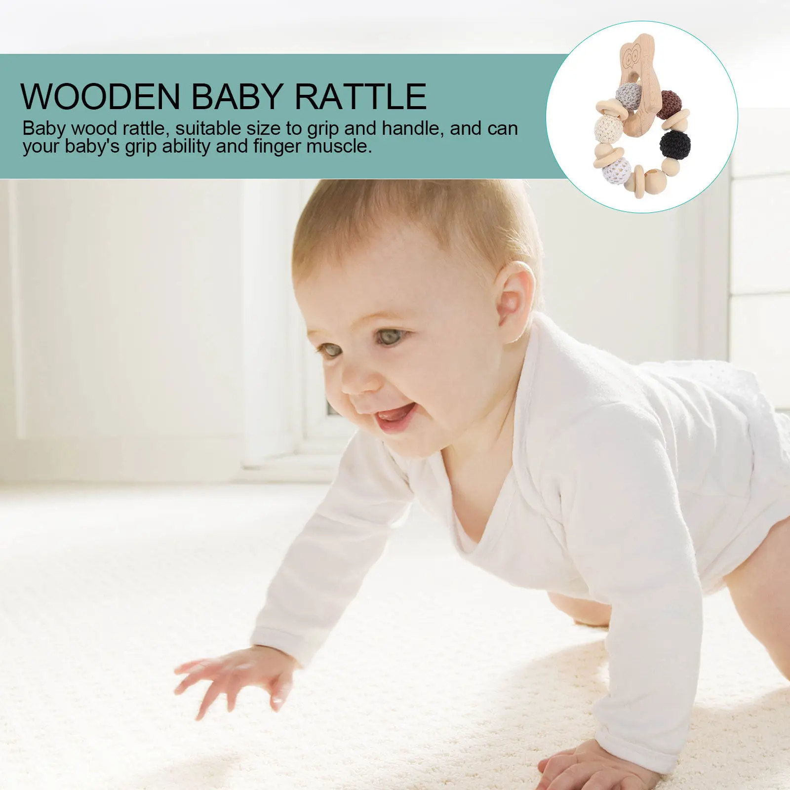 Anneau de dentition en hêtre pour le développement sensoriel et la motricité fine, dentition hibou pour bébés de 0 à 6 mois