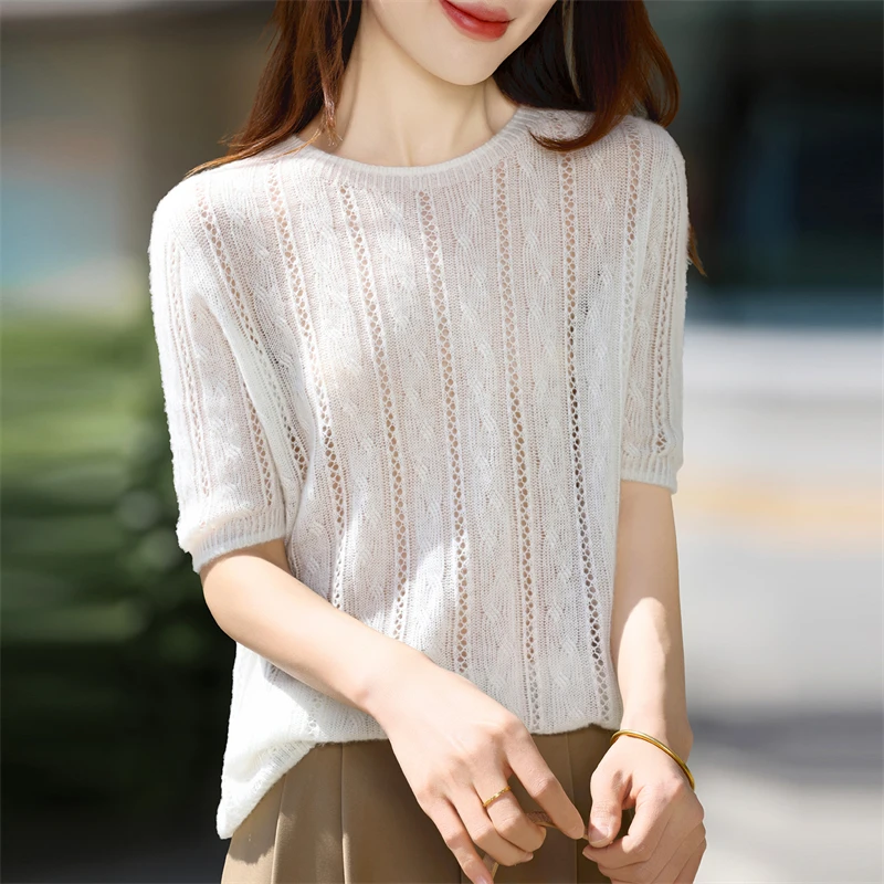 10% Cashmere 44% Wool 46% Lyocell Knitted Short Sleeve Women's Round Neck Thread Hollow Head Tank Top Spring/Summer New Thin Top