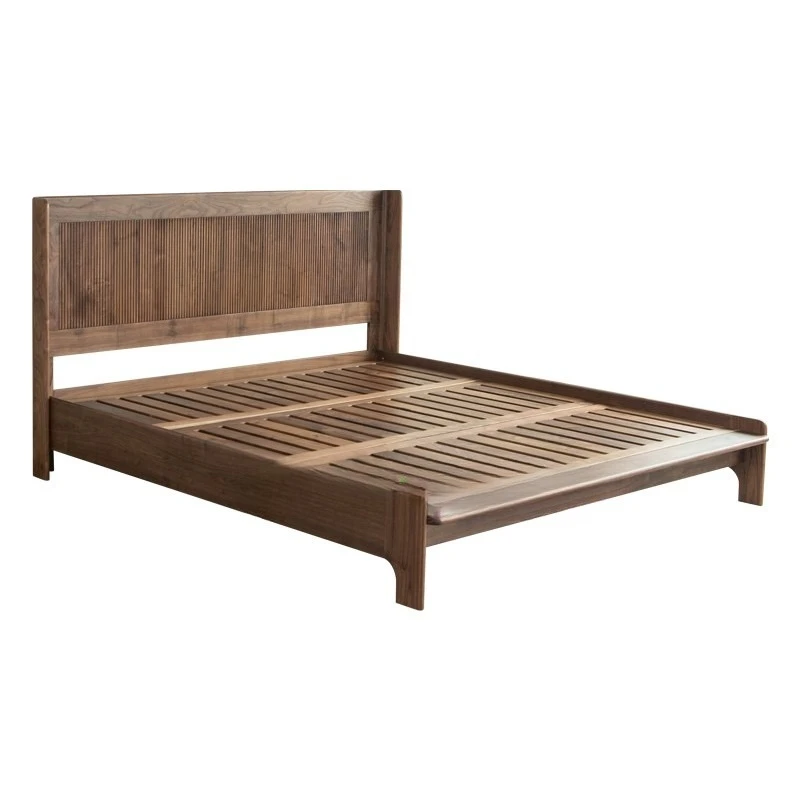 

North American all black walnut solid wood bed French retro wind grille backrest light luxury master bedroom