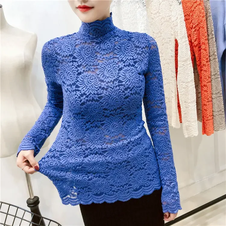 Lace Women\'s Long Sleeve Turtleneck Mesh Top Women\'s Hollow Slim Elastic Blusas Ropa De Mujer