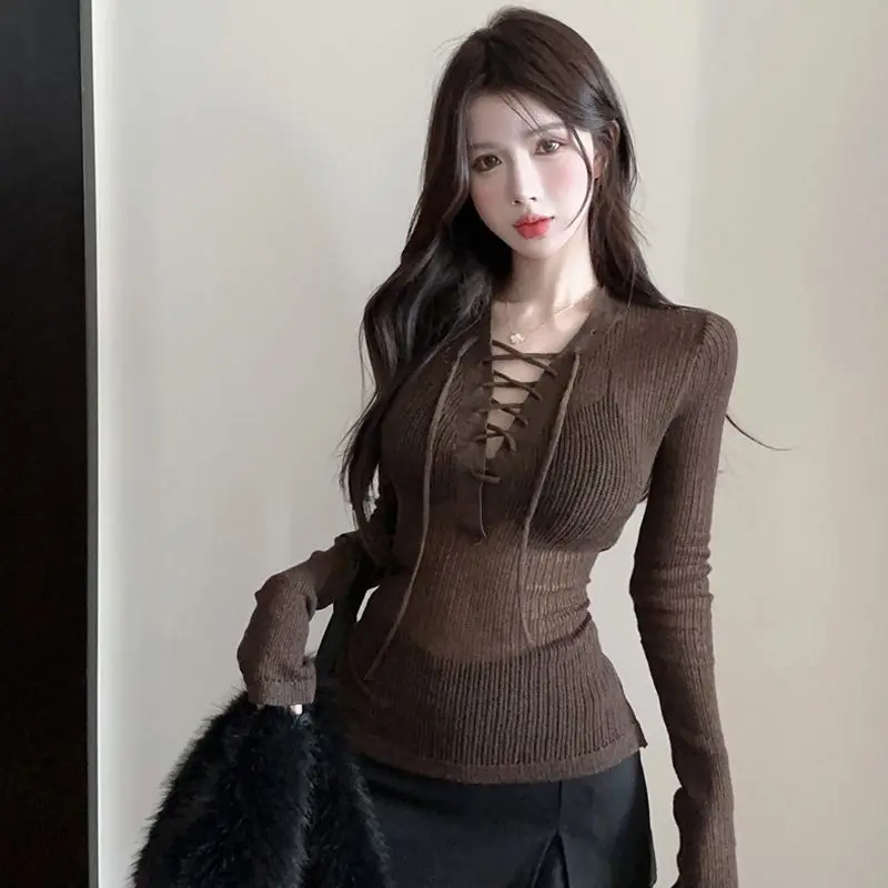 

Осенний женский вязаный топ с перекрестными бретелями и вырезом на ключице, сексуальный облегающий эластичный пуловер, свитер, базовый многослойный осенний наряд