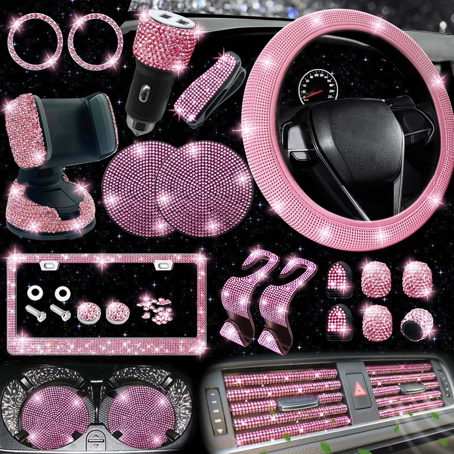 27 PCs Pink Bling Car Accessories Set for Women, Bling Steering Wheel Covers Universal Fit 15 Inch, Bling License Plate Frame, B