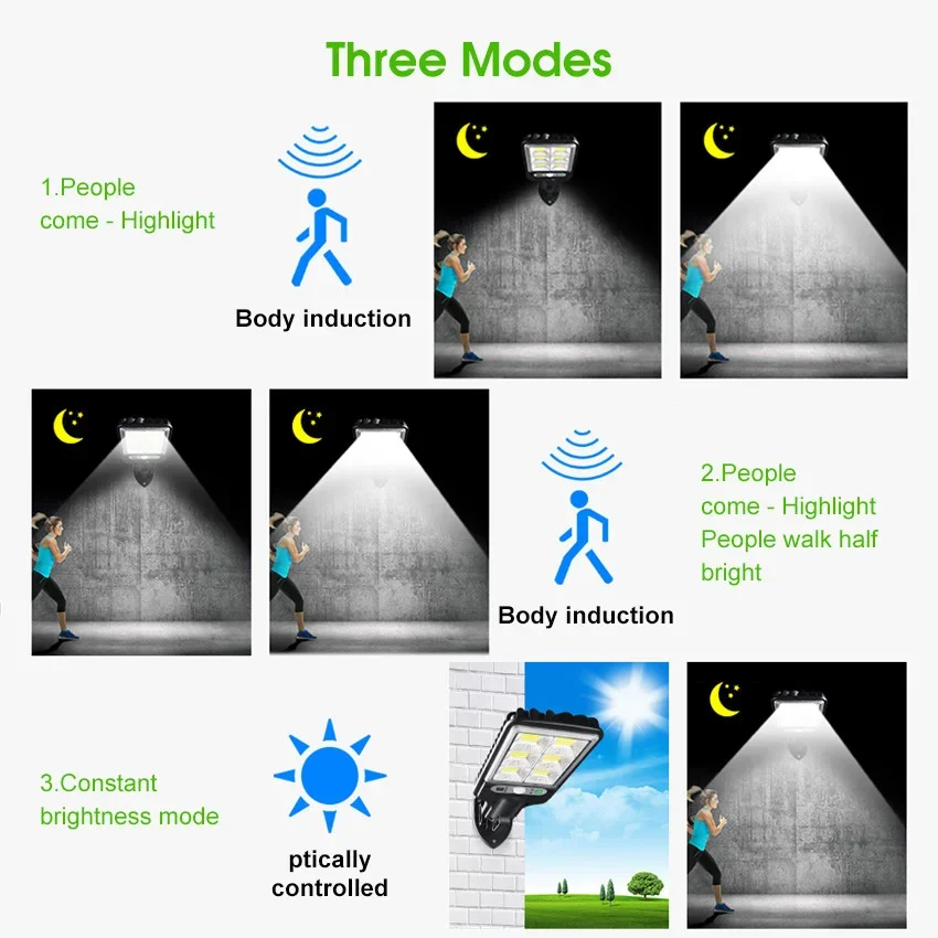 Lampes solaires d'extérieur à LED avec détecteur de mouvement, 3 modes d'éclairage, étanches, éclairage de sécurité, applique murale, lampadaire pour jardin, 108, 117COB, 1 à 4 pièces