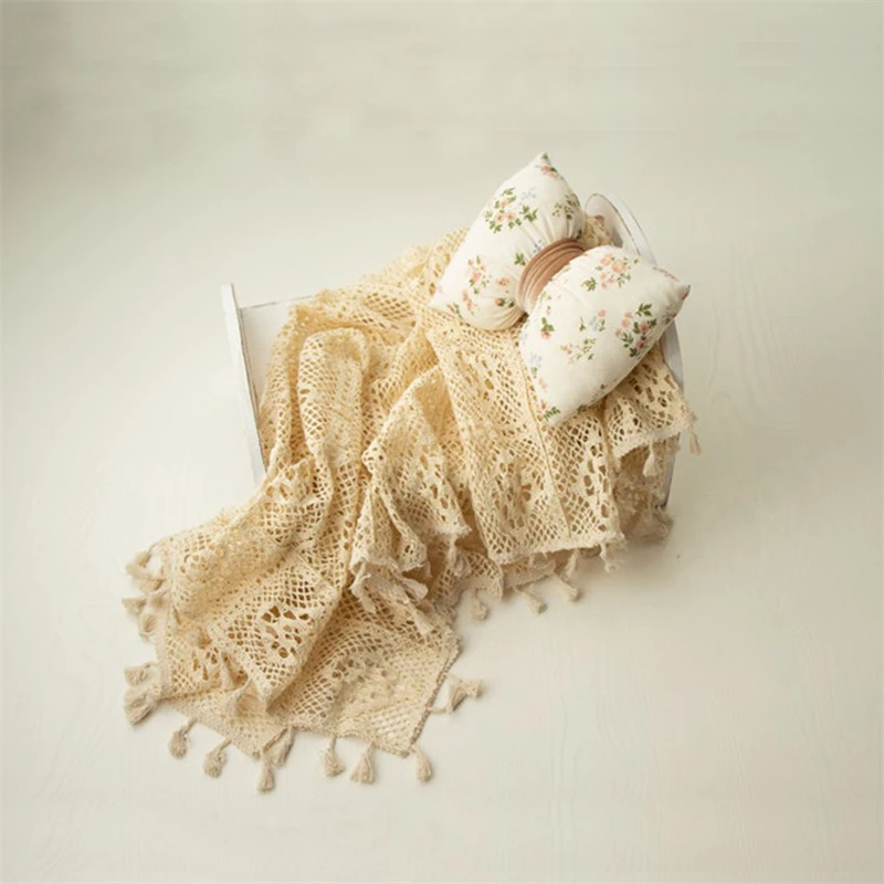 Square Lace Blanket Newborn Baby Photo Shoot Wrap Backdrop Cotton Vintafe Beige Tassel Blanket Photography Swaddle Basket Filler