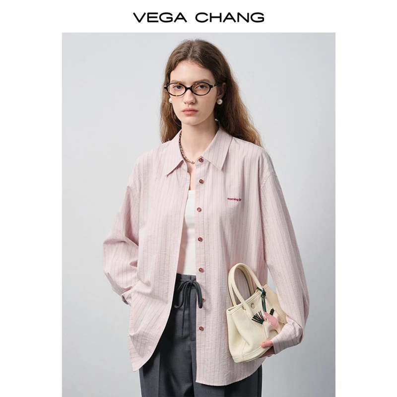 Vega Chang Long-Sleeved Shirt for Women, New Autumn and Winter Style, Lapel, Fine Stripes, Casual, Loose and Versatile Shirt