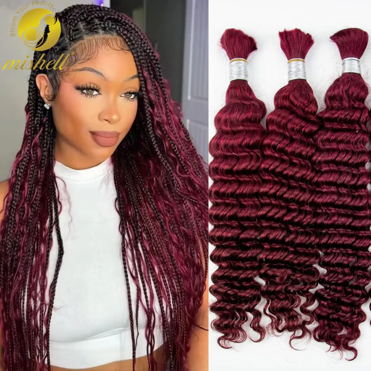 Burgundy 99J# Human Braiding Hair Deep Wave Bulk Human Hair No Weft Virgin Hair Bundle Micro Human Braiding Hair for Boho Braids