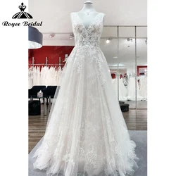 Long A-line Modest V-neck Wedding Dress with Appliques Lace Open Back Tulle Bride Dress Wedding 2023 Floor-Length Brautkleider