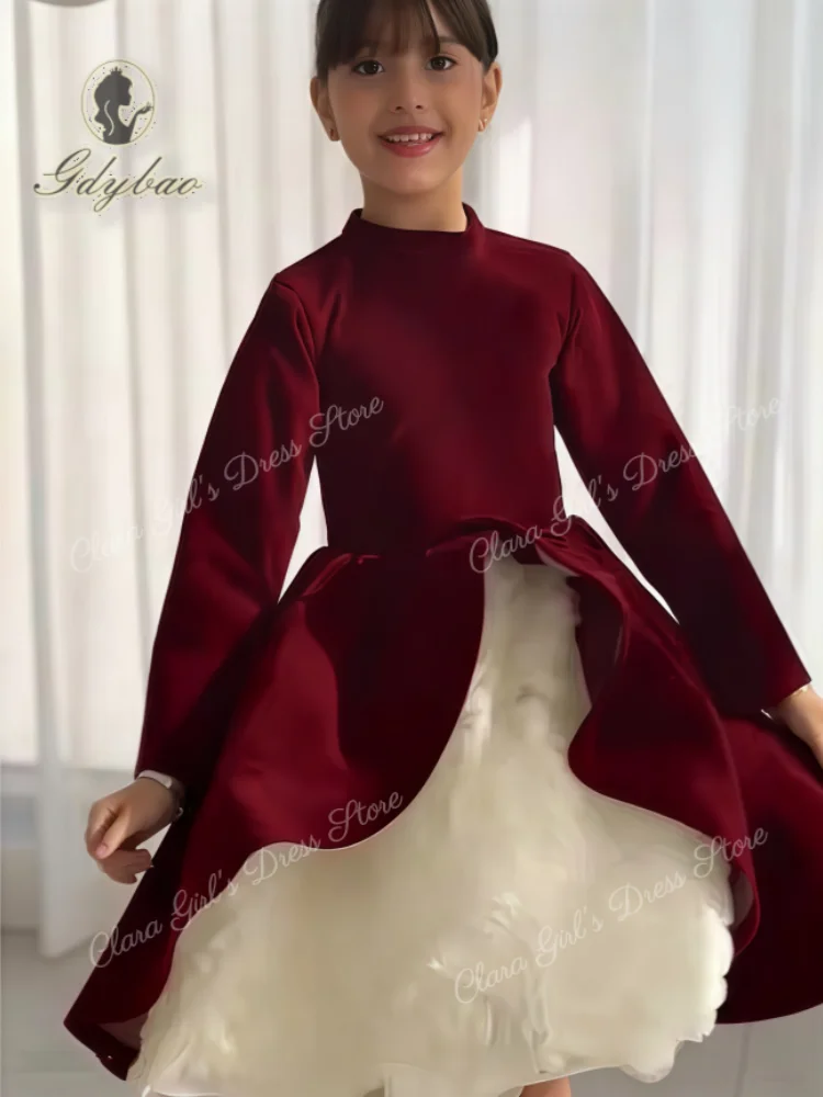 Elegancka sukienka dla dziewczynki do sypania kwiatów w kolorze wina, o kroju litery A, z trójwymiarowymi kwiatami, idealna na wesela, przyjęcia i sukienki urodzinowe szyte na miarę.