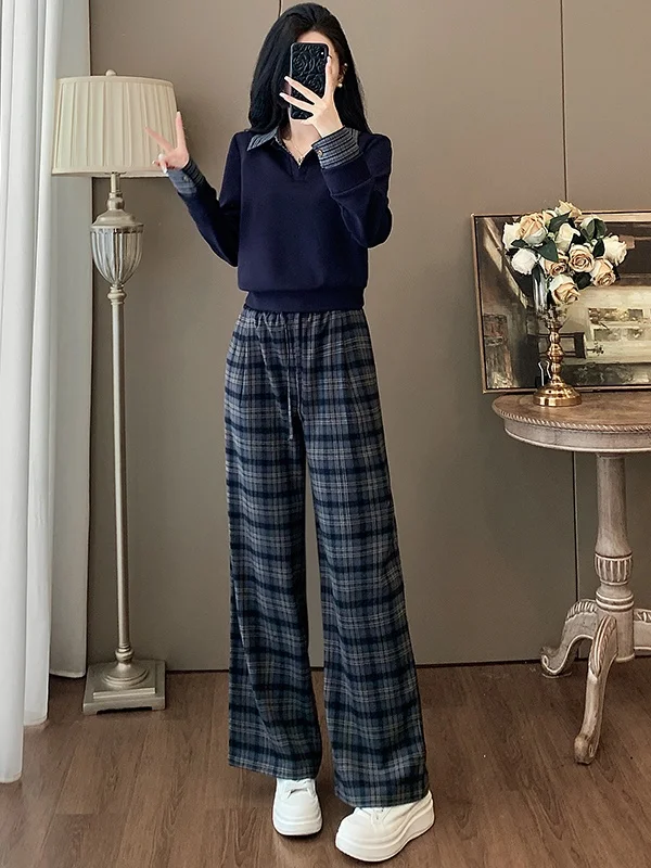 

Chic Korean Style Women's Checkered Long Sleeve V-Neck Top And Wide Leg Pants Two-Piece Set Spring 2026 Anti-Aging Fashion