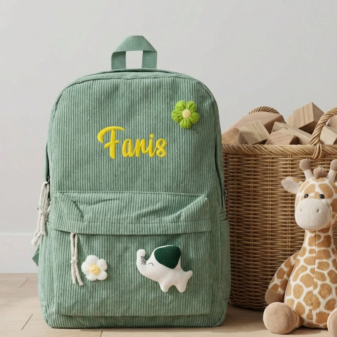 Mochila infantil de veludo cotelê com nome personalizado e bordado |   Amuleto de boneca de pelúcia, ideal para uso diário e presente
