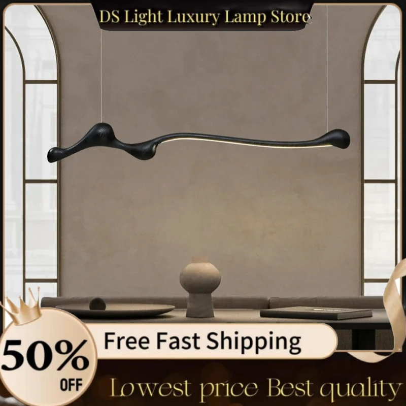 

Chinese Long Ash Wood Pendant Lights Dimmable Indoor Decoration Hanging Lamp Kitchen Island Dining Living Room Office With RC