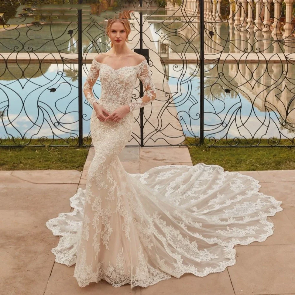 Flavinke مخصص ستة خمر حورية البحر فساتين الزفاف 2025 الأزهار الدانتيل زين كم طويل فستان زفاف Vestidos De Novia