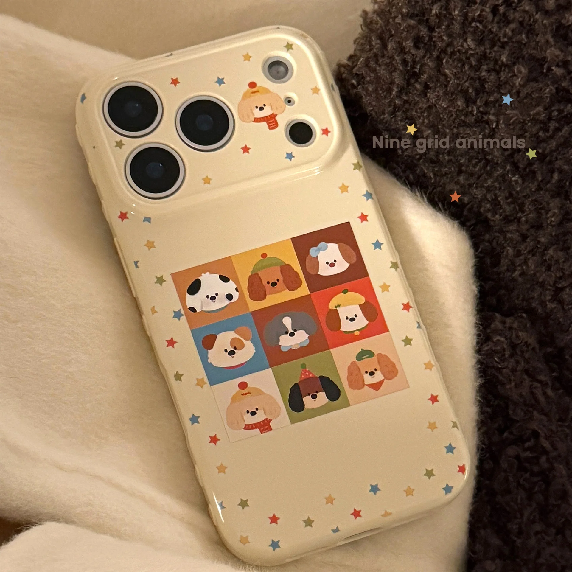 Koreanische Cartoon-Welpe bunte Sterne Graffiti weiche Handyhülle für iPhone 17, 16, 15, 14, 13, 12, Pro Max, stoßfeste Schutzhülle
