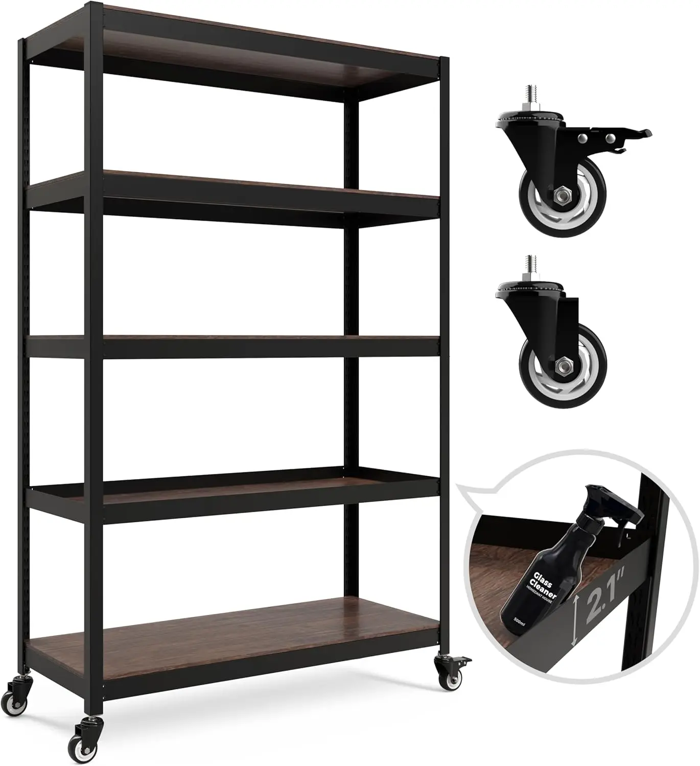 

5-Tier Metal Boltless Rolling Cart Shelf Rack Casters Heavy Duty Wheel Shelving Unit Adjustable Utility Storage S