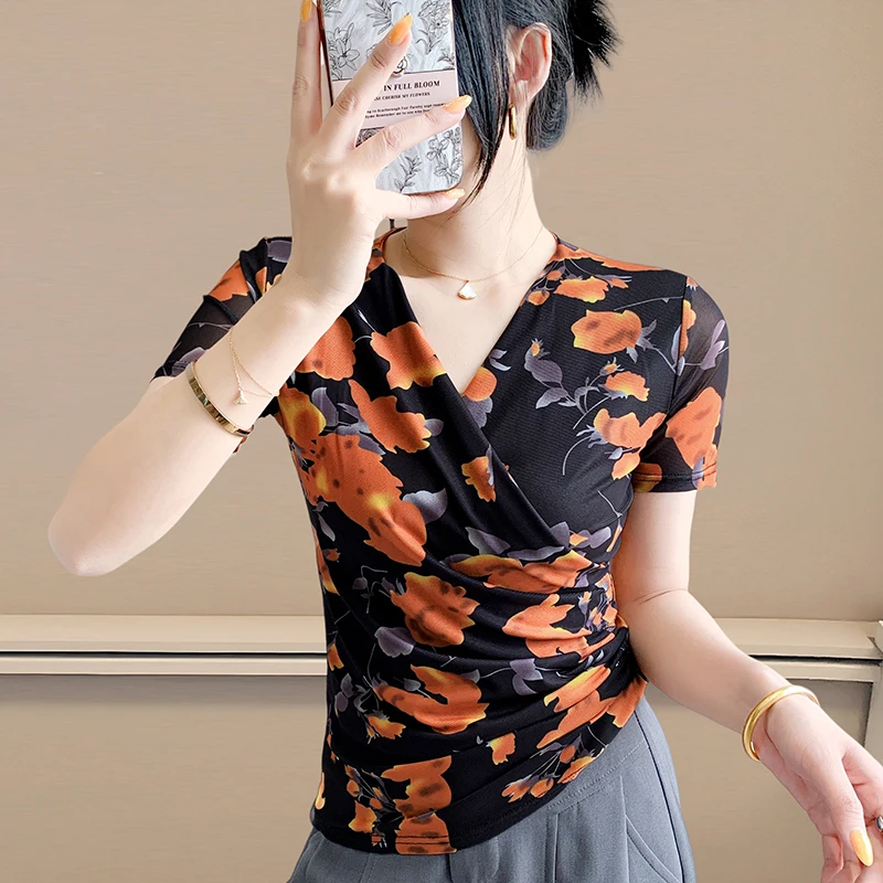 Stylish Summer V-Neck Floral Mesh Tee Blossom Print T-shirts Female Short Sleeve Top for Women Slimming Chic Blouse
