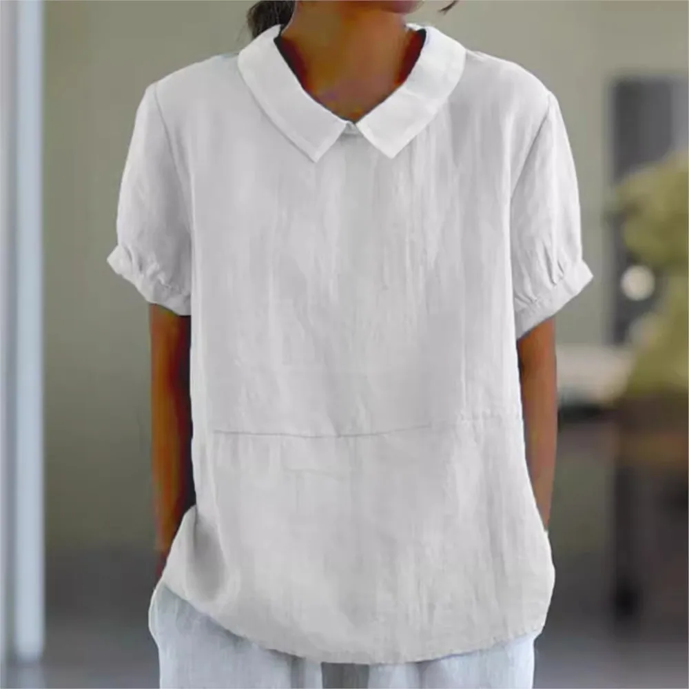 

2025 Summer Solid Color Collar Hoodie Casual Shirt Women's White Short Sleeved Shirt Office Casual Top Chemise Femme Camisa