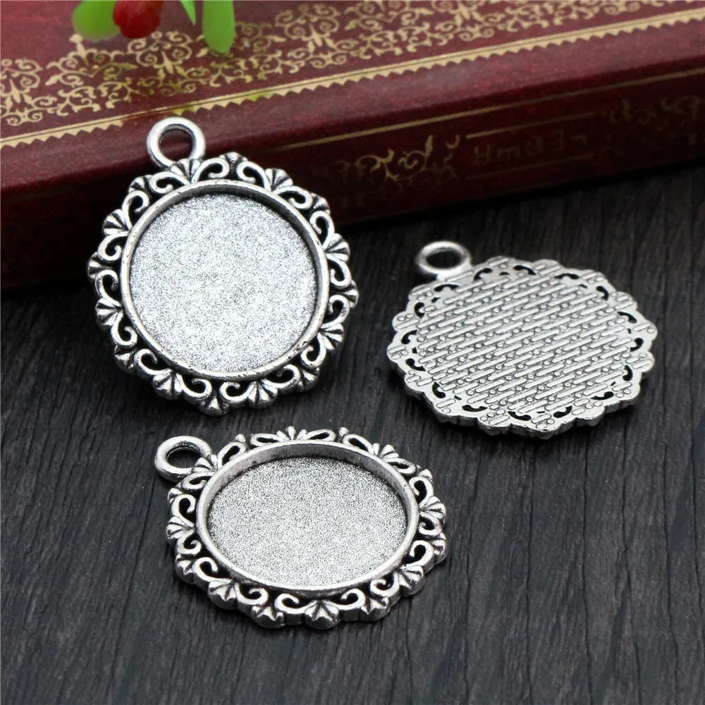 10pcs 18mm Inner Size Antique Bronze And Silver Plated Texture Style Cabochon Base Cameo Setting Charms Pendant