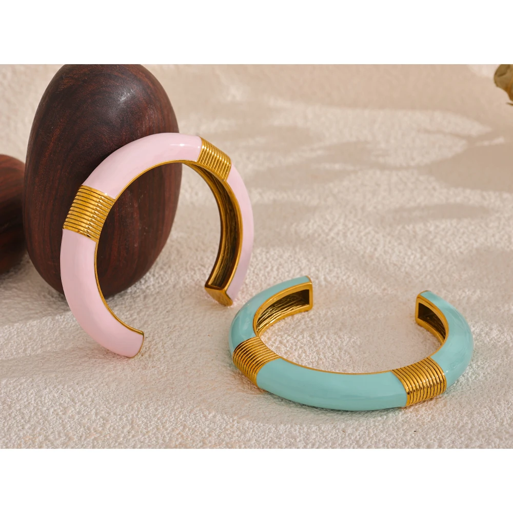 Yhpup Blue Pink Enamel High Quality Cuff Open Bracelet Bangle for Women 18K Gold PVD Plated Fashion Statement Wrist Jewelry Gift